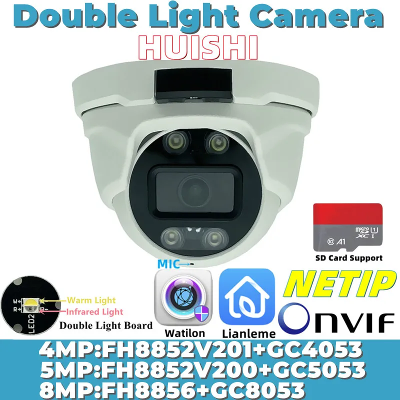 8/5/4MP FH8856+GC8053 Dobbelt Lys IP-Metal Loft Dome Kamera IRC Indbygget MIC Lyd IP66 P2P SD-Kort, Offentlig Støtte