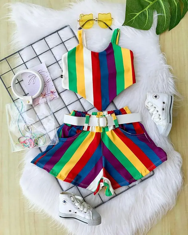 Fashion Børn Piger Tøj Sæt Toddler Børn Piger Rainbow Stribe Ærmeløs Crop Tops+Shorts Træningsdragter Udstyr