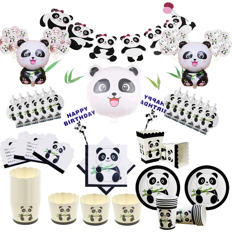 Tegnefilm Panda Tema Papir Plade Muffin Kopper Engangsservice Sæt Fødselsdag Part Dekorationer Baby Brusebad Panda Part Ballon