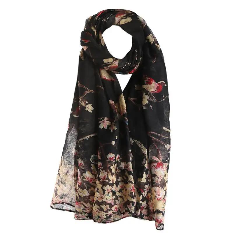 Elegante Damer, Tørklæde Smukke Blomster Fugl Trykt Kvinder Lang Tørklæde Og Sjal Kvindelige Mode Design Tørklæder, Hijab Bufanda Mujer