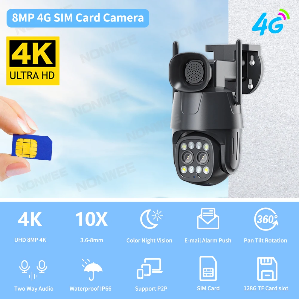 Wifi/4G Sim-Kort overvågningskamera PTZ Udendørs 8MP Sikkerhed CCTV Cam Dobbelt Linse på 3,6 mm-8mm AI menneskehandel Night Vision Camhi