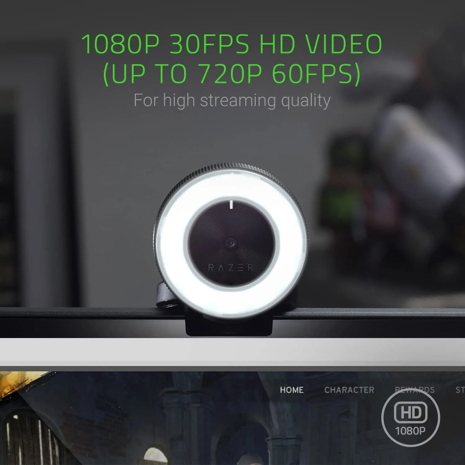 Razer Kiyo Streaming Webcam: Full HD 1080p 30 FPS Ring Lys w/Justerbar Lysstyrke - Indbygget Mikrofon Autofokus